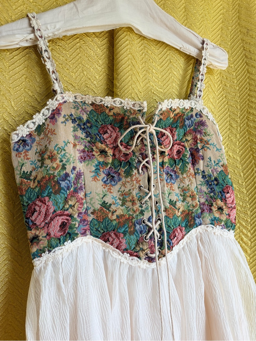 Cider Floral Tapestry Lace-Up Mini Dress in Cream and Multi-Color